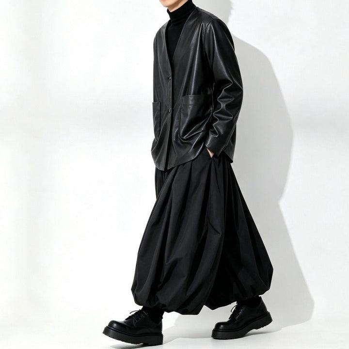 Japanese Loose Pleated V Neck PU Leather Jacket