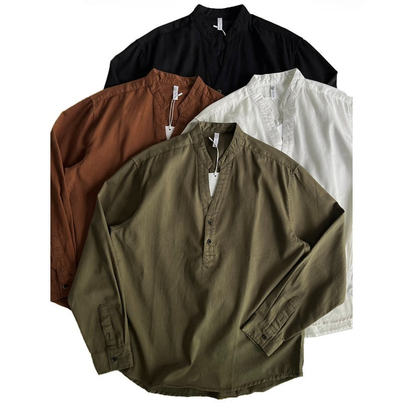 Breathable Cotton Stand Collar Long Sleeve Shirt Casual Top