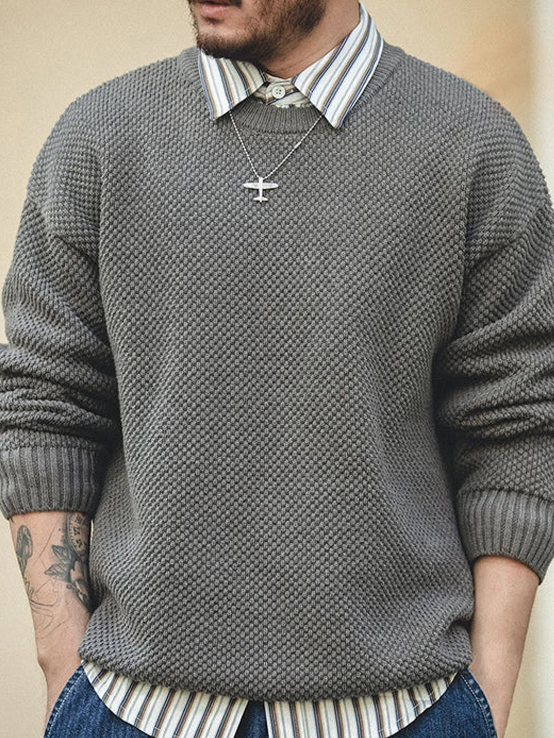 Classic Solid Color Ribbed Trim Knitted Sweater
