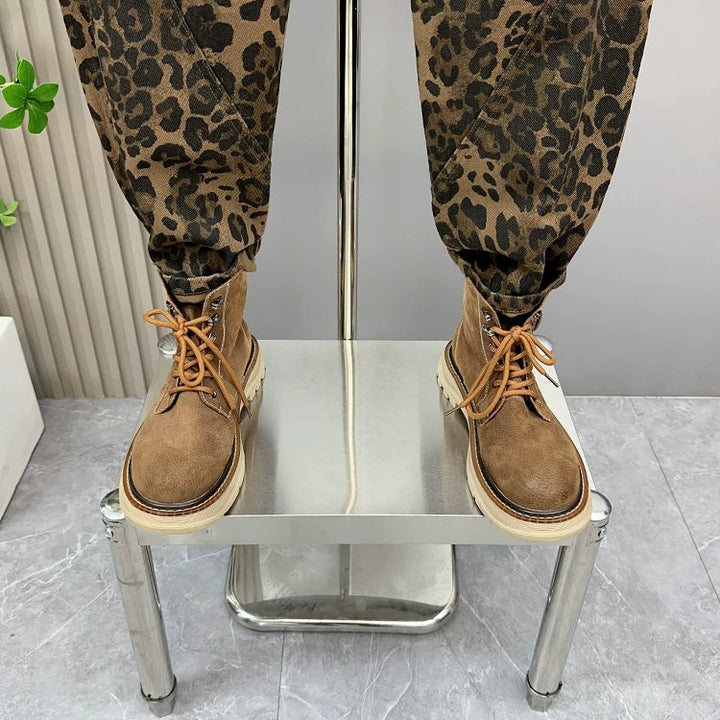 Leopard Print Jacquard Loose Straight Leg Casual Pants