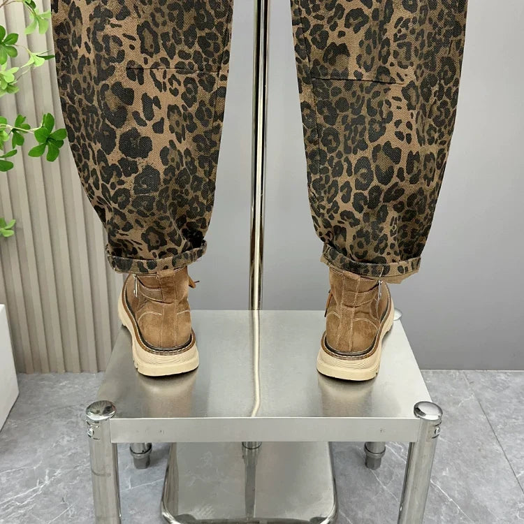 Leopard Print Jacquard Loose Straight Leg Casual Pants