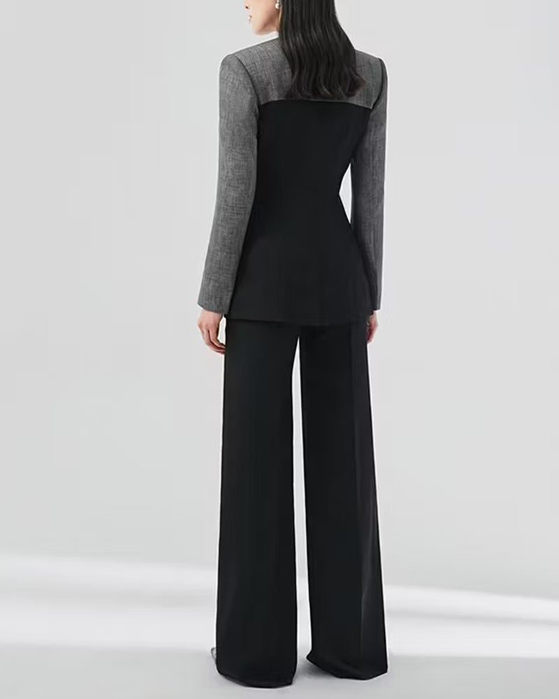 Color Block Tailored Blazer And Wide Leg Pants Set