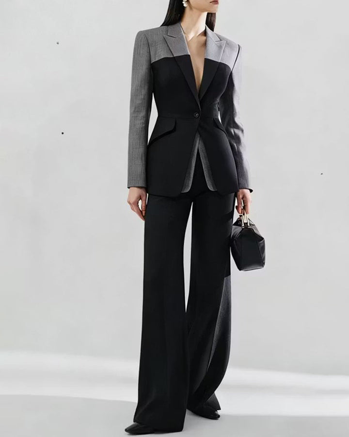Color Block Tailored Blazer And Wide Leg Pants Set