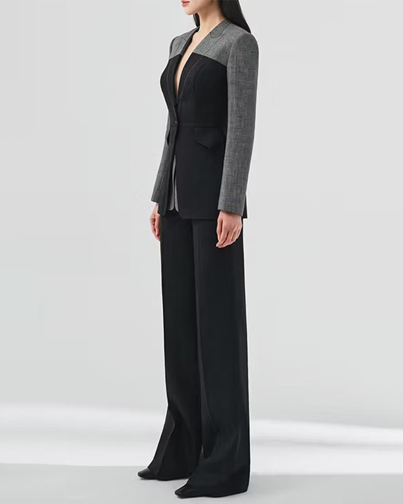 Color Block Tailored Blazer And Wide Leg Pants Set