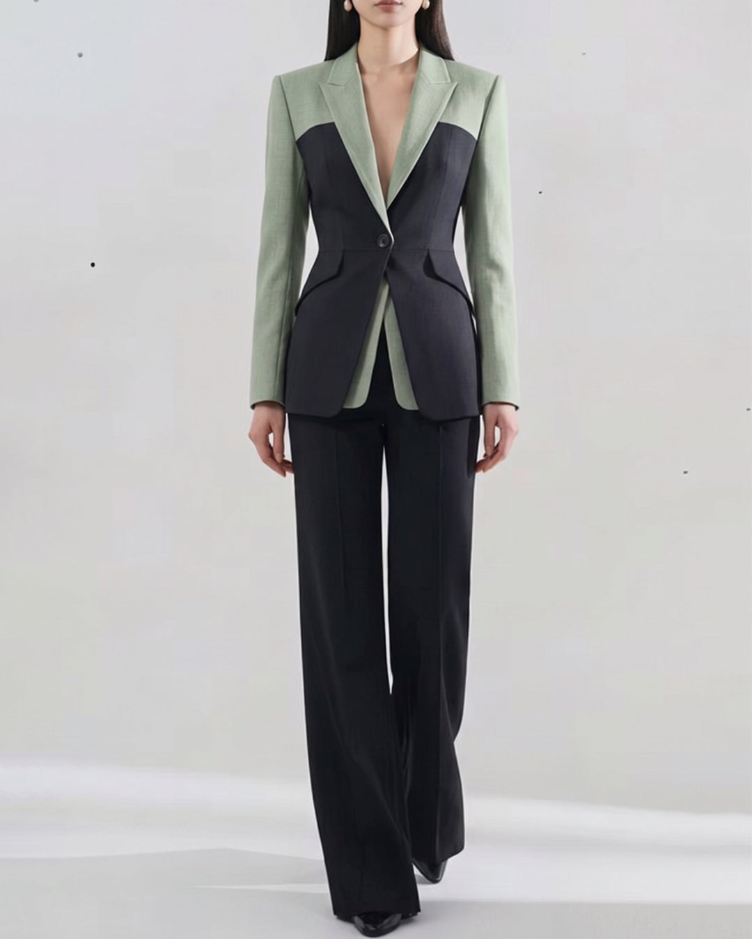 Color Block Tailored Blazer And Wide Leg Pants Set