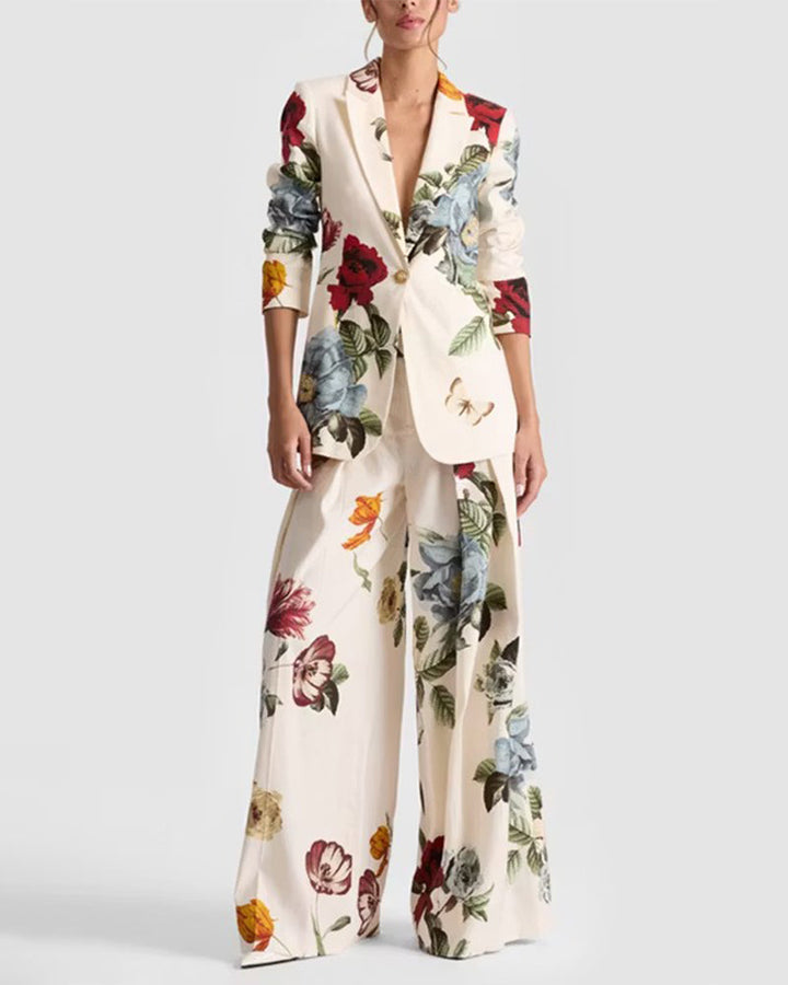 Vintage Floral Print Blazer And Wide Leg Pants Set