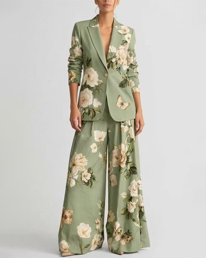 Vintage Floral Print Blazer And Wide Leg Pants Set