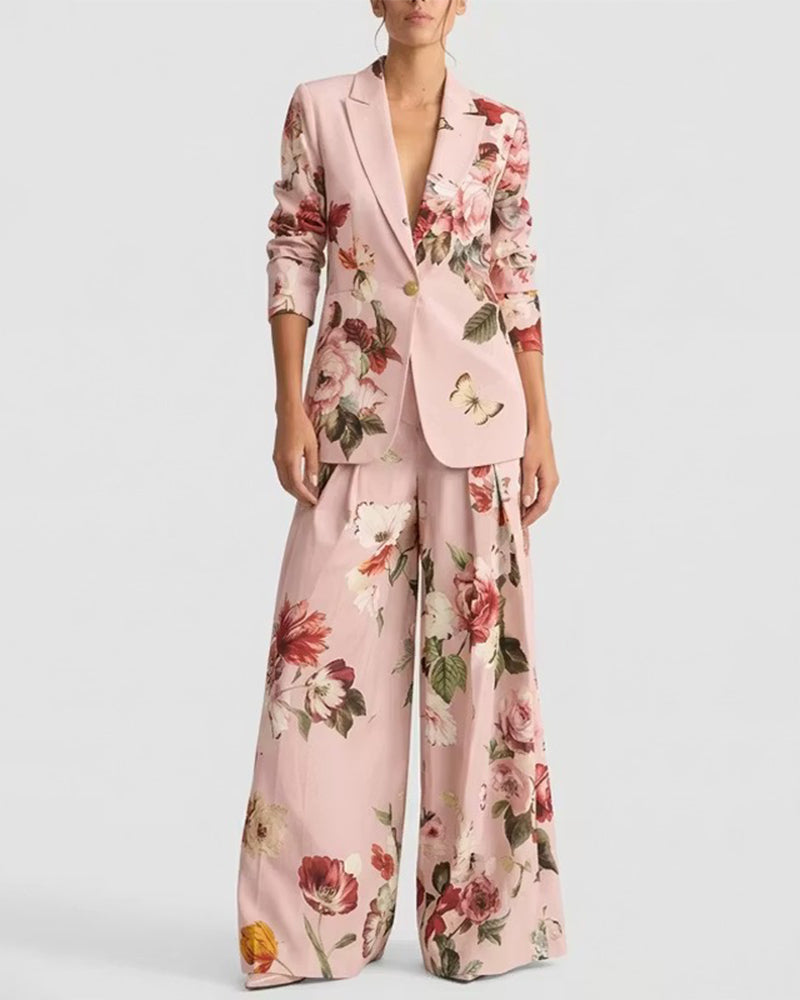 Vintage Floral Print Blazer And Wide Leg Pants Set