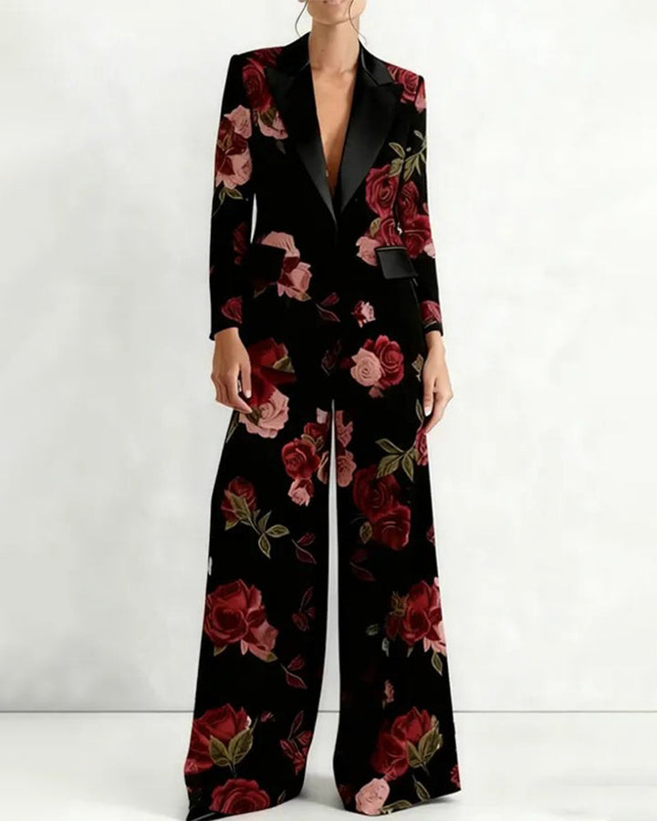 Vintage Floral Print Blazer And Wide Leg Pants Set