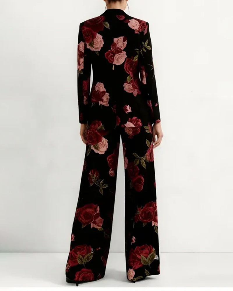 Vintage Floral Print Blazer And Wide Leg Pants Set