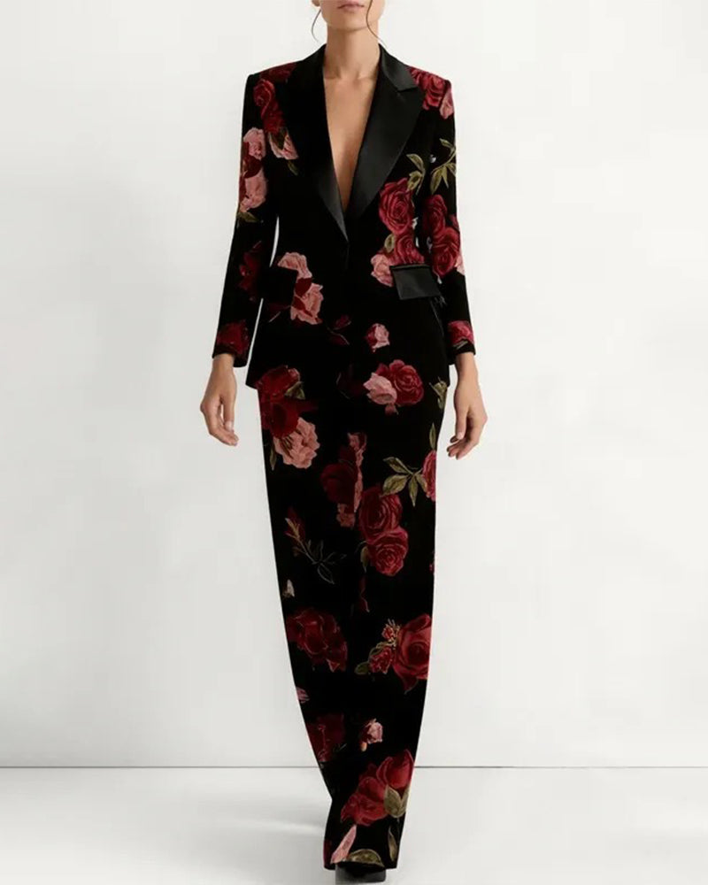 Vintage Floral Print Blazer And Wide Leg Pants Set