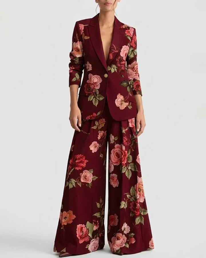 Vintage Floral Print Blazer And Wide Leg Pants Set