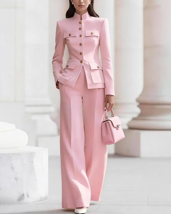 Mandarin Collar Military Style Blazer And Wide Leg Pants Set