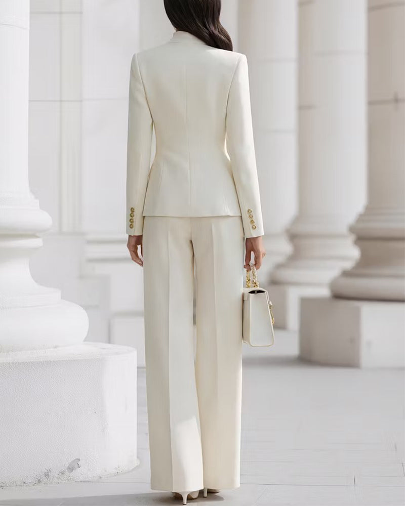 Mandarin Collar Military Style Blazer And Wide Leg Pants Set