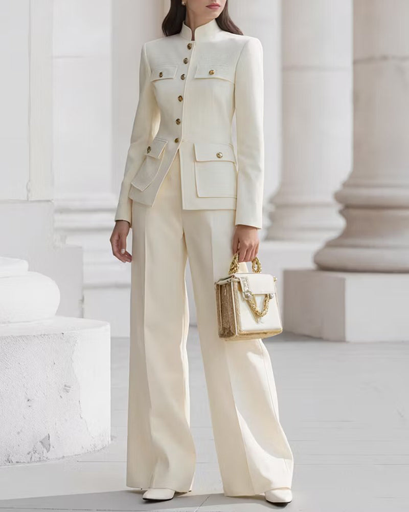 Mandarin Collar Military Style Blazer And Wide Leg Pants Set