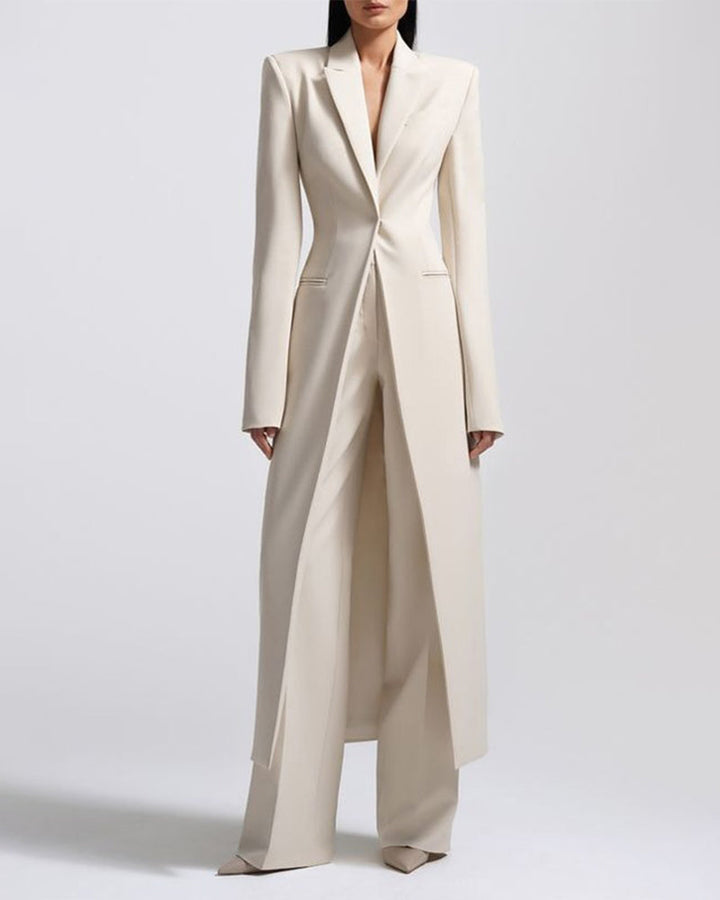 Long Split Tailored Blazer And Wide Leg Pants Suit Set