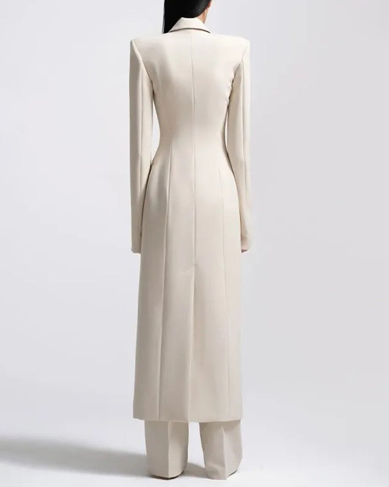 Long Split Tailored Blazer And Wide Leg Pants Suit Set