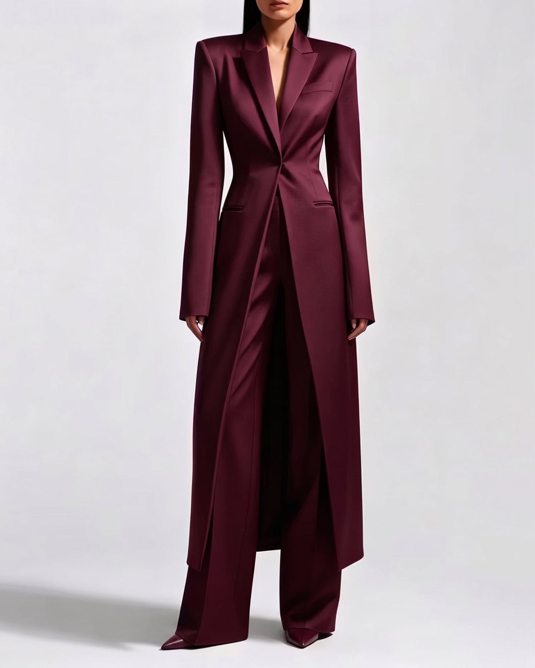 Long Split Tailored Blazer And Wide Leg Pants Suit Set