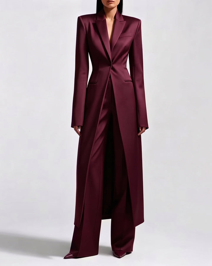 Long Split Tailored Blazer And Wide Leg Pants Suit Set