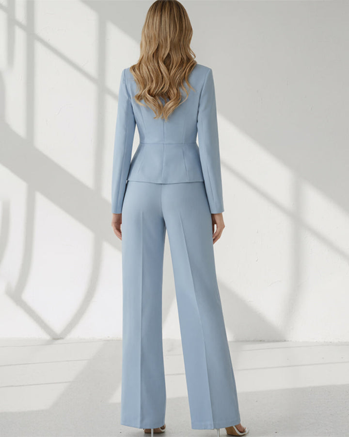 Asymmetric Button Peplum Blazer Wide Leg Pants Set