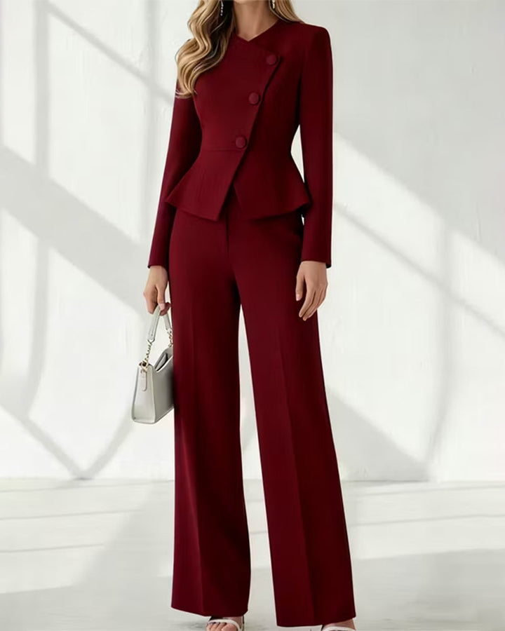 Asymmetric Button Peplum Blazer Wide Leg Pants Set