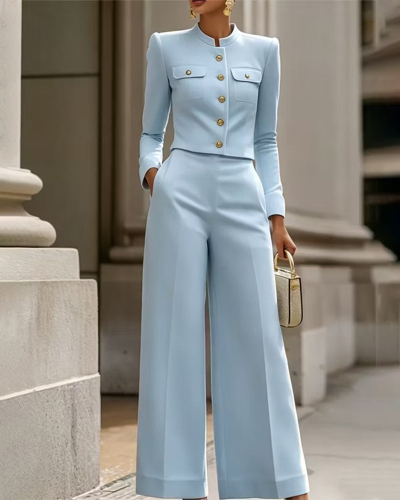Notched Mandarin Collar Cropped Jacket and Wide-Leg Pants Set