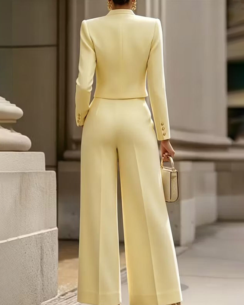 Notched Mandarin Collar Cropped Jacket and Wide-Leg Pants Set