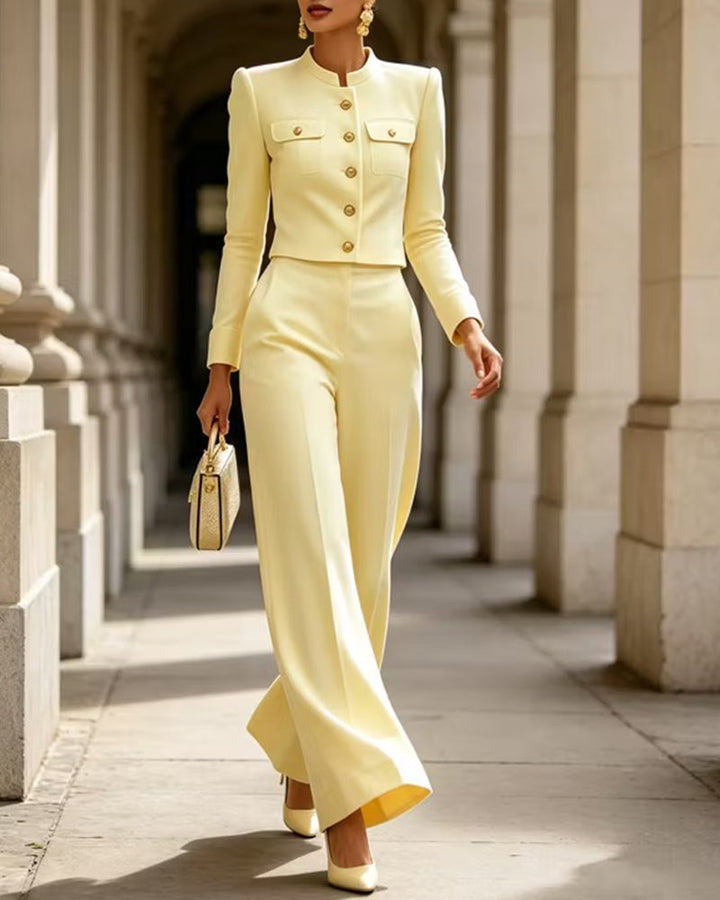 Notched Mandarin Collar Cropped Jacket and Wide-Leg Pants Set