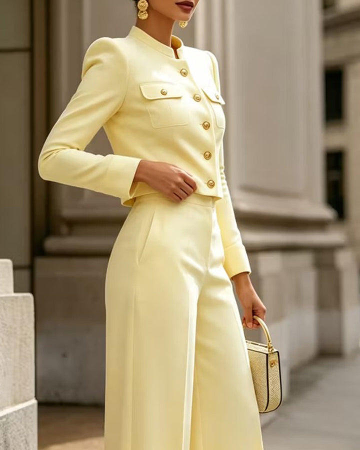 Notched Mandarin Collar Cropped Jacket and Wide-Leg Pants Set