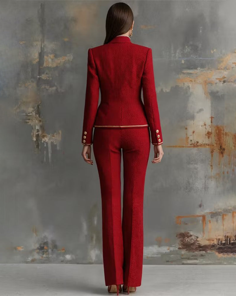 Mandarin Collar Tweed Jacket and Flared Pants Set