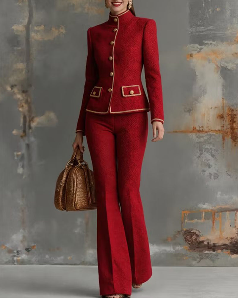 Mandarin Collar Tweed Jacket and Flared Pants Set