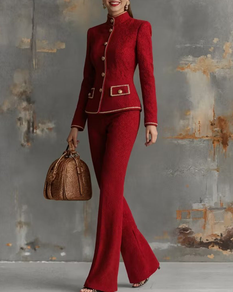 Mandarin Collar Tweed Jacket and Flared Pants Set