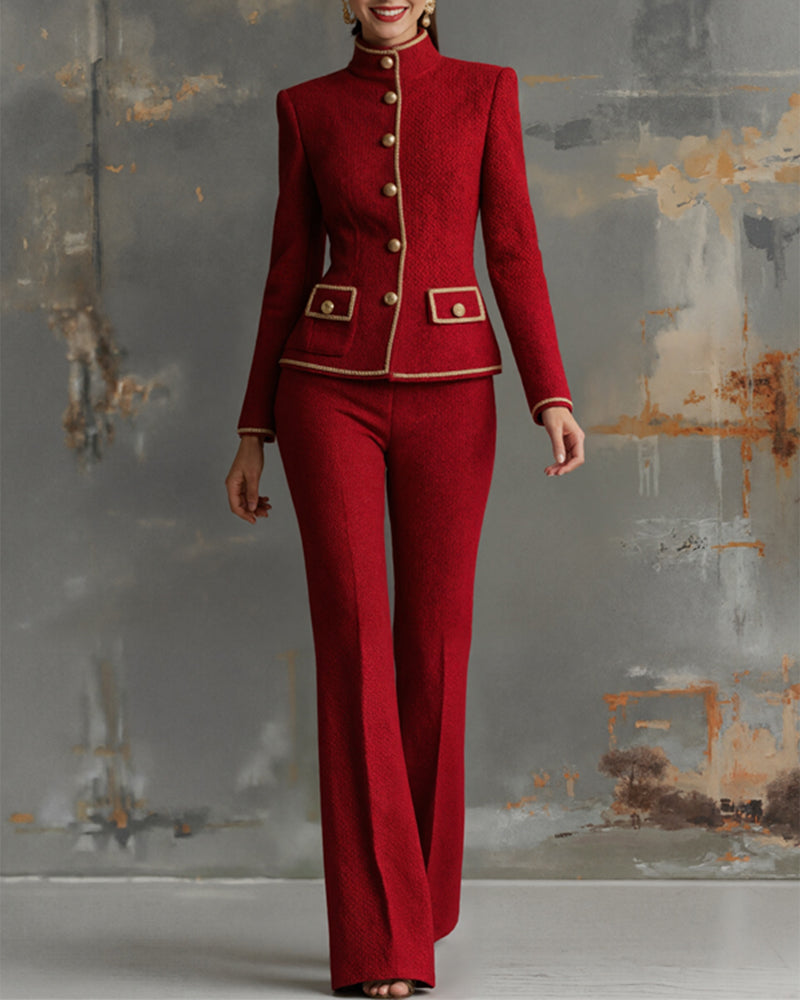 Mandarin Collar Tweed Jacket and Flared Pants Set