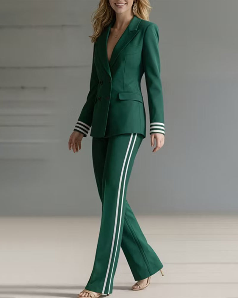 Striped Trim Double-Breasted Blazer and Flared Pants Set