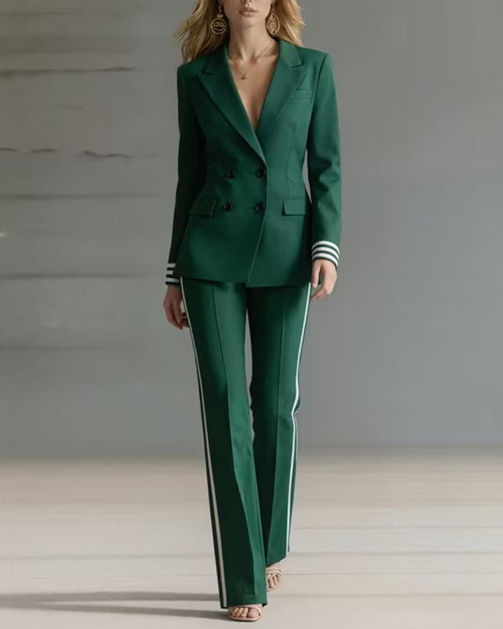 Striped Trim Double-Breasted Blazer and Flared Pants Set