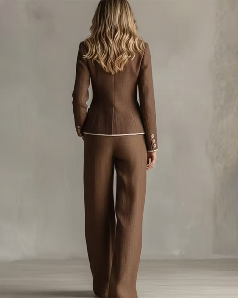 Contrast Piping Linen-Look Blazer and Wide-Leg Pants Set