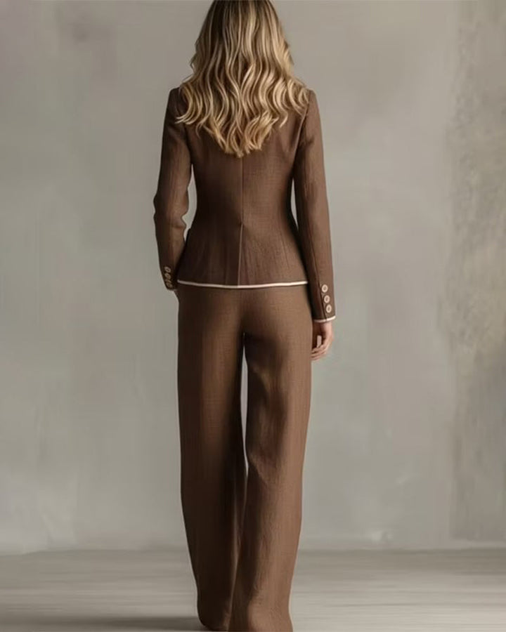Contrast Piping Linen-Look Blazer and Wide-Leg Pants Set