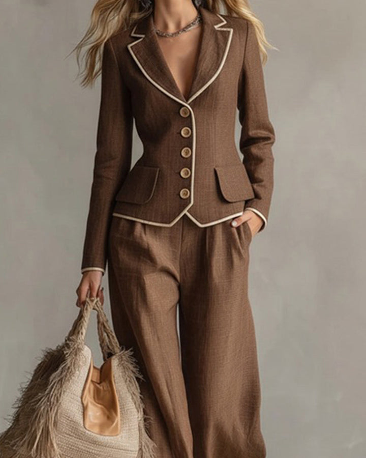 Contrast Piping Linen-Look Blazer and Wide-Leg Pants Set