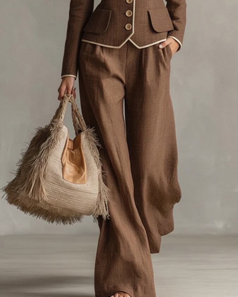 Contrast Piping Linen-Look Blazer and Wide-Leg Pants Set