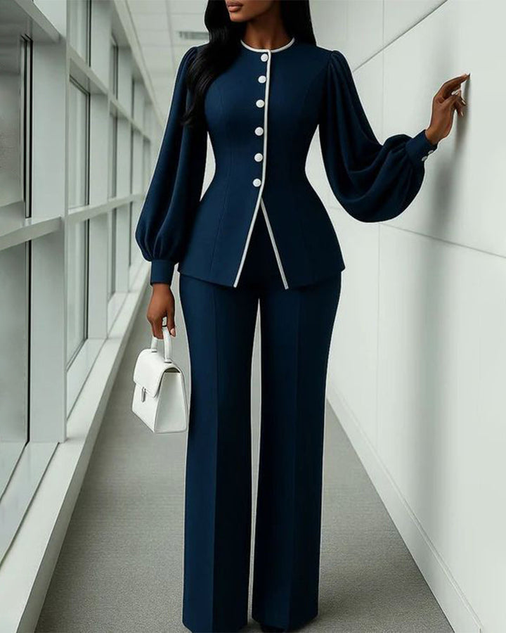 Vintage Piped Lantern Sleeve Pants Set