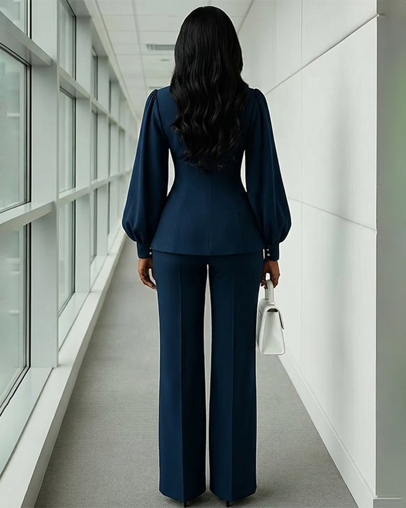 Vintage Piped Lantern Sleeve Pants Set