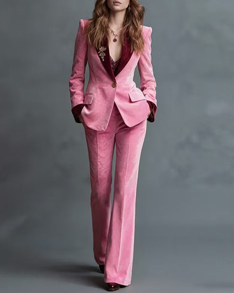 Luxe Velvet Notch Lapel Flare Pants Set