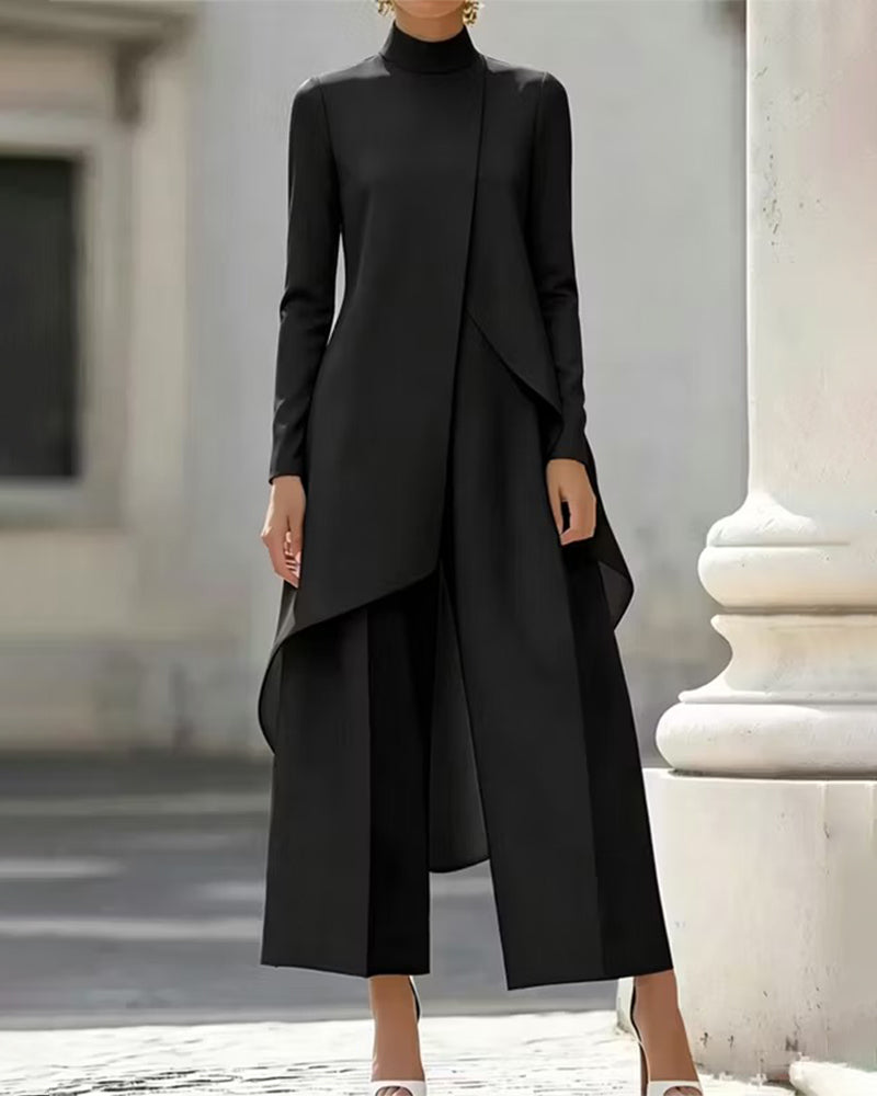 Asymmetric Mock Neck Tunic Coat and Wide-Leg Pants Set