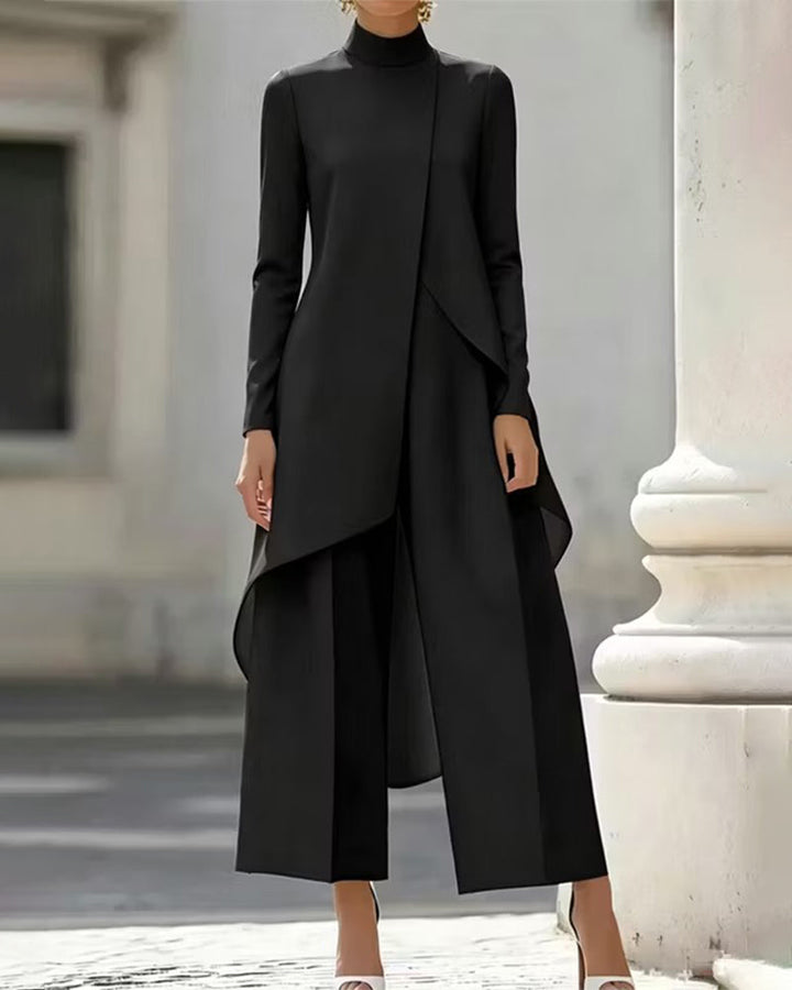 Asymmetric Mock Neck Tunic Coat and Wide-Leg Pants Set