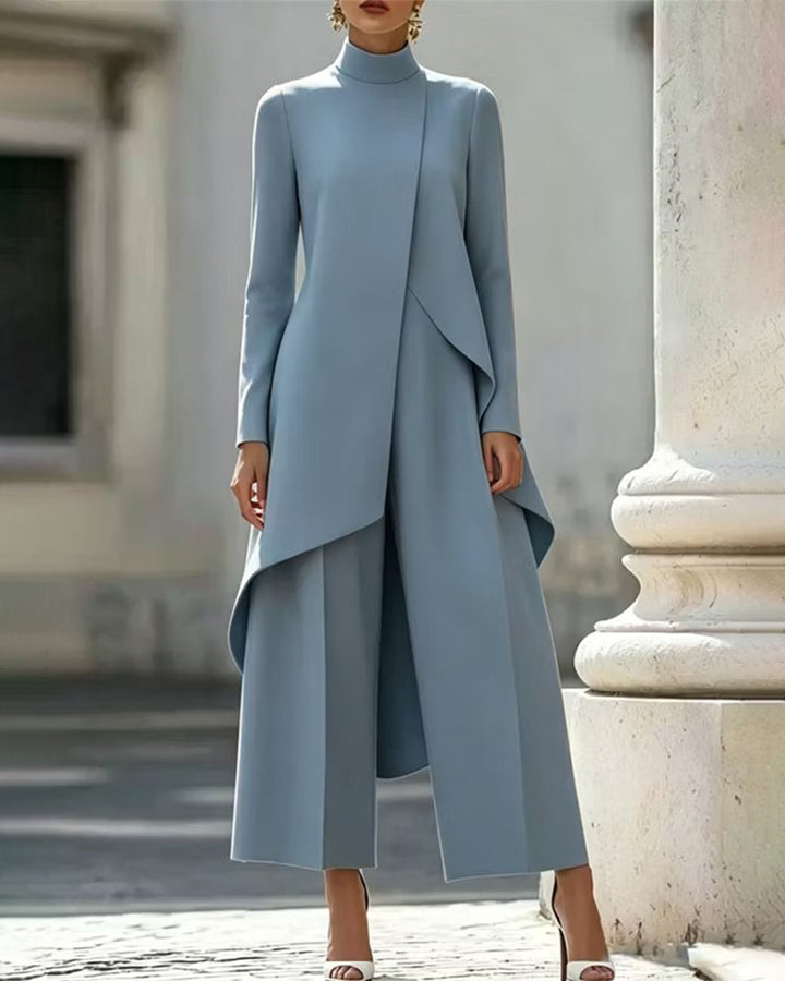 Asymmetric Mock Neck Tunic Coat and Wide-Leg Pants Set
