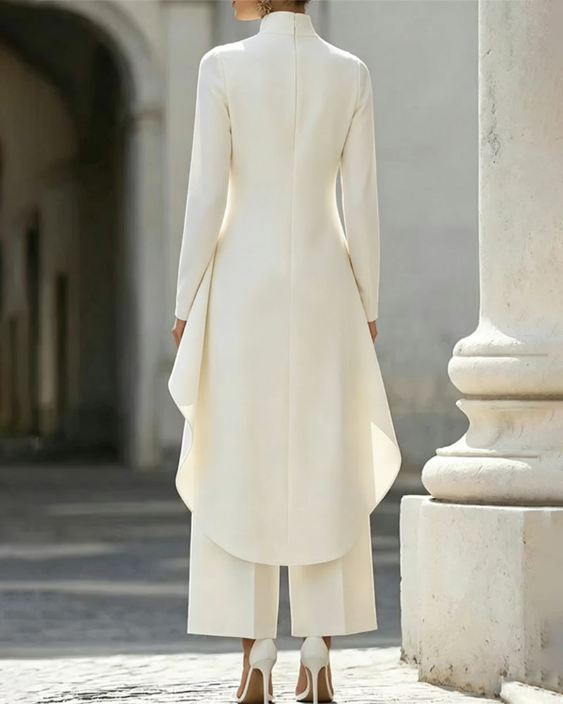 Asymmetric Mock Neck Tunic Coat and Wide-Leg Pants Set