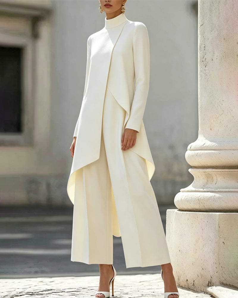 Asymmetric Mock Neck Tunic Coat and Wide-Leg Pants Set
