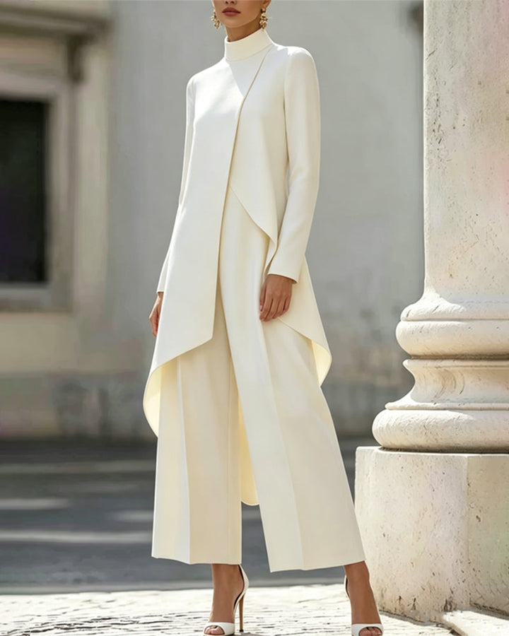 Asymmetric Mock Neck Tunic Coat and Wide-Leg Pants Set