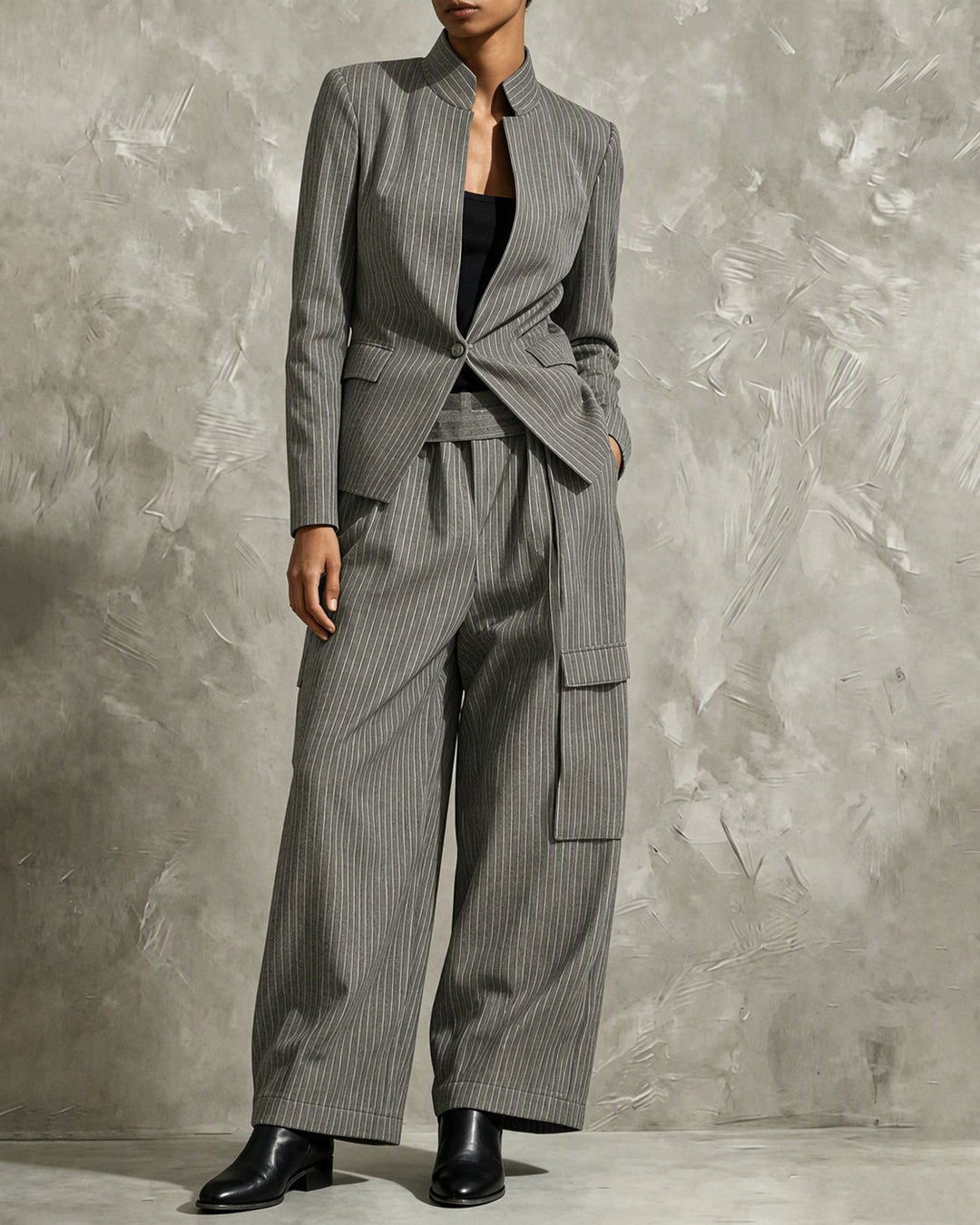 Mandarin Collar Pinstripe Wide Leg Pants Set