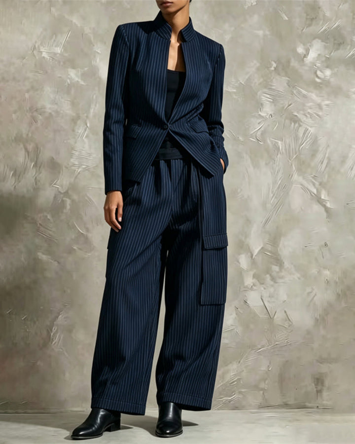 Mandarin Collar Pinstripe Wide Leg Pants Set
